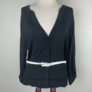 NWT Sharagano Black Cardigan Sweater and White Belt Size L